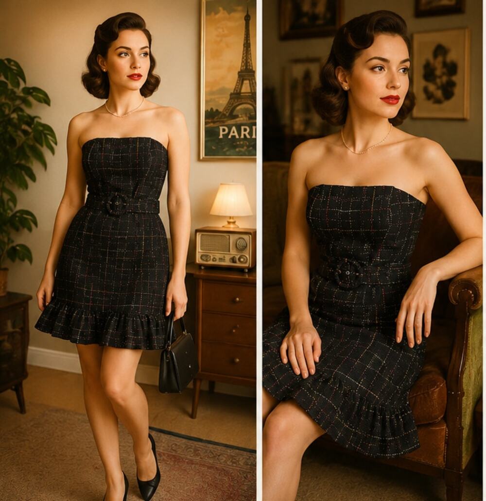 Strapless Bouclé Tweed Mini Dress | Chanel Inspired | Belted Pockets | 2010s